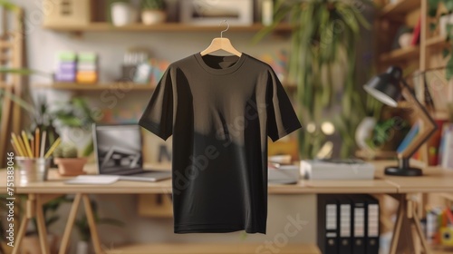 Blank Black T-Shirt Mockup in a Creative Workspace, Ideal for Branding and Fashion Design Showcases © Philipp