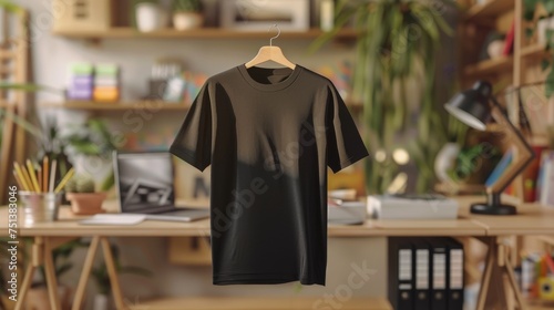 Blank Black T-Shirt Mockup in a Creative Workspace, Ideal for Branding and Fashion Design Showcases