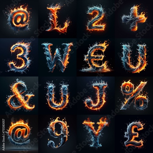 Lettering Typeface That Blends water and fire. AI generated illustration