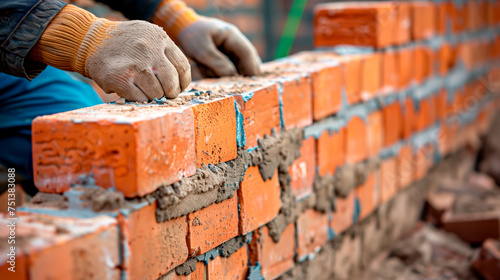 Close-up of hands laying bricks, construction site, skilled labor.
