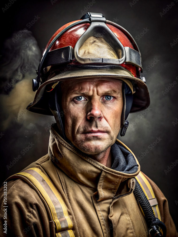 Portrait of a firefighter with helmet Portrait of a firefighter with helmet