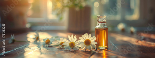Chamomile essential oil in a small bottle. Selective focus. Generative AI,