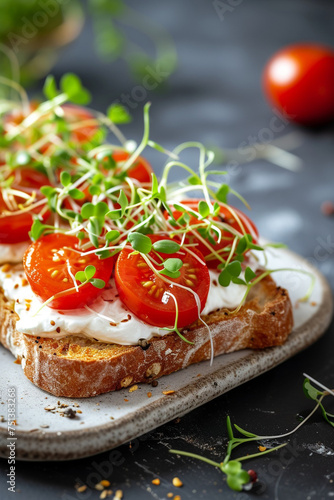toast with cream cheese, cherry tomatoes and microgreens. Healthy breakfast concept. selective focus, Generative AI,