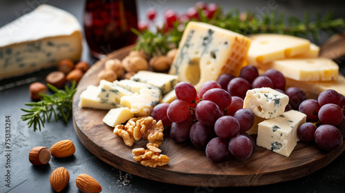 Cheese plate served with grapes, jam, figs, crackers and nuts on a wooden background