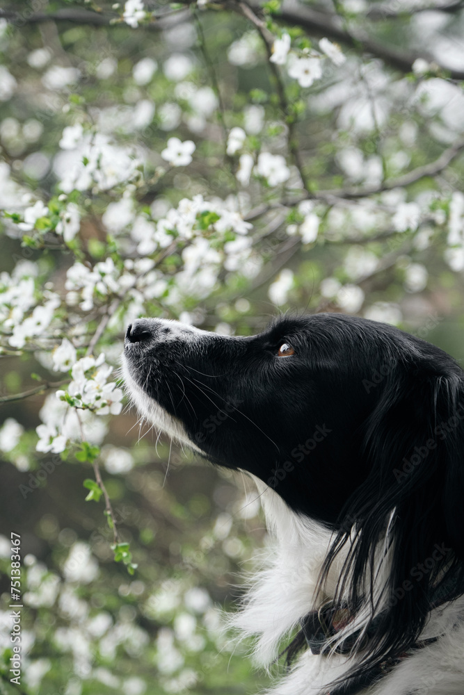 A black and white border collie poses near a blooming apple tree in the park, a close-up portrait in profile. A charming smart obedient dog in a spring garden among flowers.