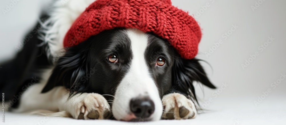 A black and white Border Collie is wearing a red knitted hat while lying down in a studio setting with a white background. The dog looks comfortable and cute in the vibrant accessory. A black and white Border Collie is wearing a red knitted hat while lying down in a studio setting with a white background. The dog looks comfortable and cute in the vibrant accessory.