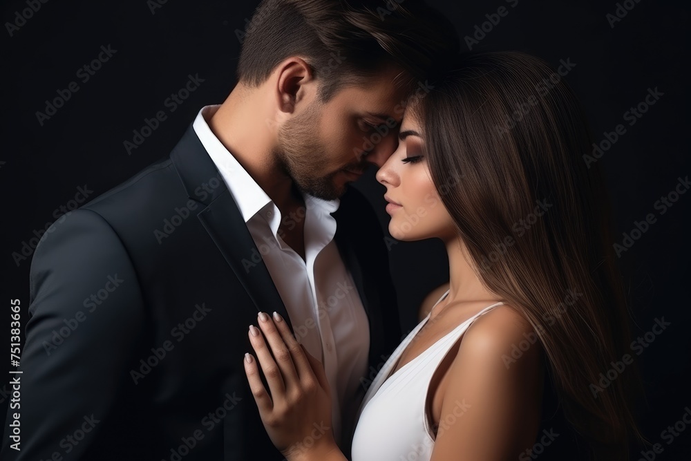 A sophisticated couple in formal attire shares a serene moment. Elegant Couple in a Tender Embrace A sophisticated couple in formal attire shares a serene moment. Elegant Couple in a Tender Embrace