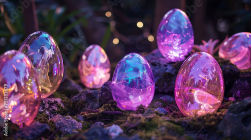 A collection of shiny, iridescent Easter eggs with holographic design scattered on a pink surface, reflecting the joyful spirit of the spring holiday.