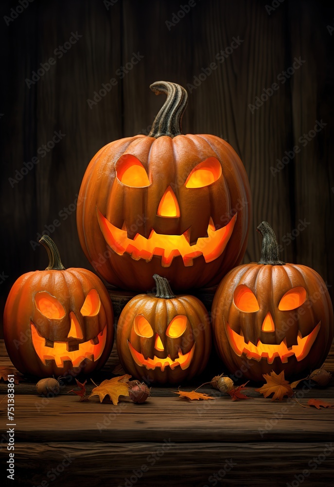 Four Halloween pumpkins glow on a black background Four Halloween pumpkins glow on a black background