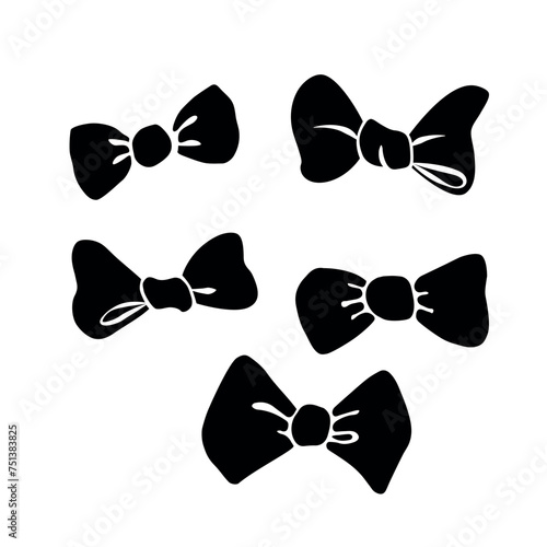 Set of vector flat black tied bows, ribbons. Hand drawn simple clip art for Easter xmas birthday Valentines Day, girls design