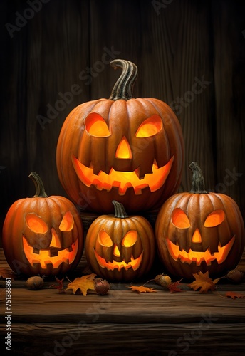 Four Halloween pumpkins glow on a black background
