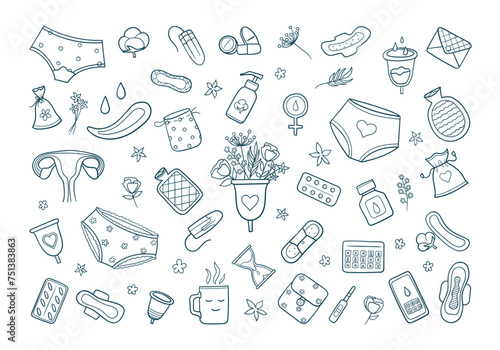 Set of menstruation period icons in doodle. Feminine hygiene products, menstrual protection elements. Tampons, womb, cup, reusable pads and panties, pill. Isolated vector outline sketch illustration