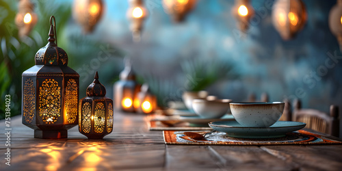 Ornamental Arabic lantern Plate with date fruit on the table Ramadan Kareem. Iftar dinner background. photo