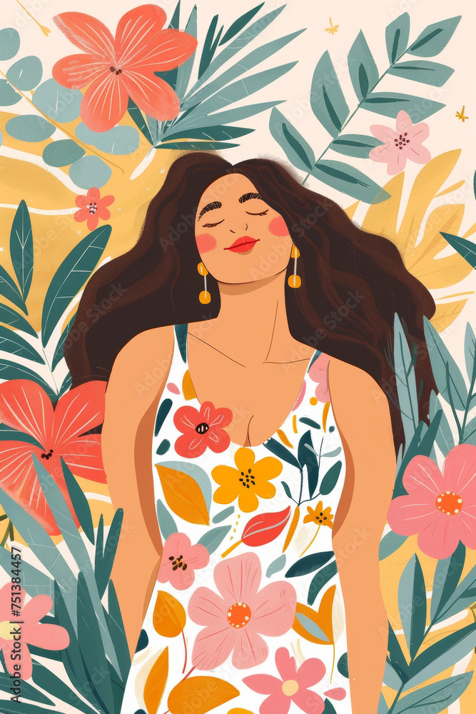 Embracing body positivity and self-love: a plus-size woman in a floral dress against a multi-colored natural background is pleased with herself and enjoys life.