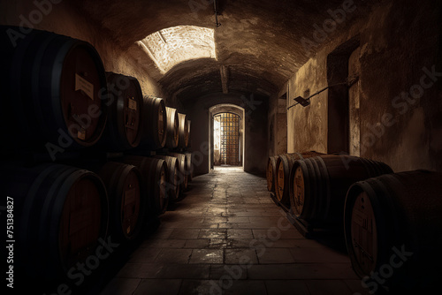 A dimly lit wine cellar with barrels lined against stone walls, a wet floor, and light from a gated window. ai generative