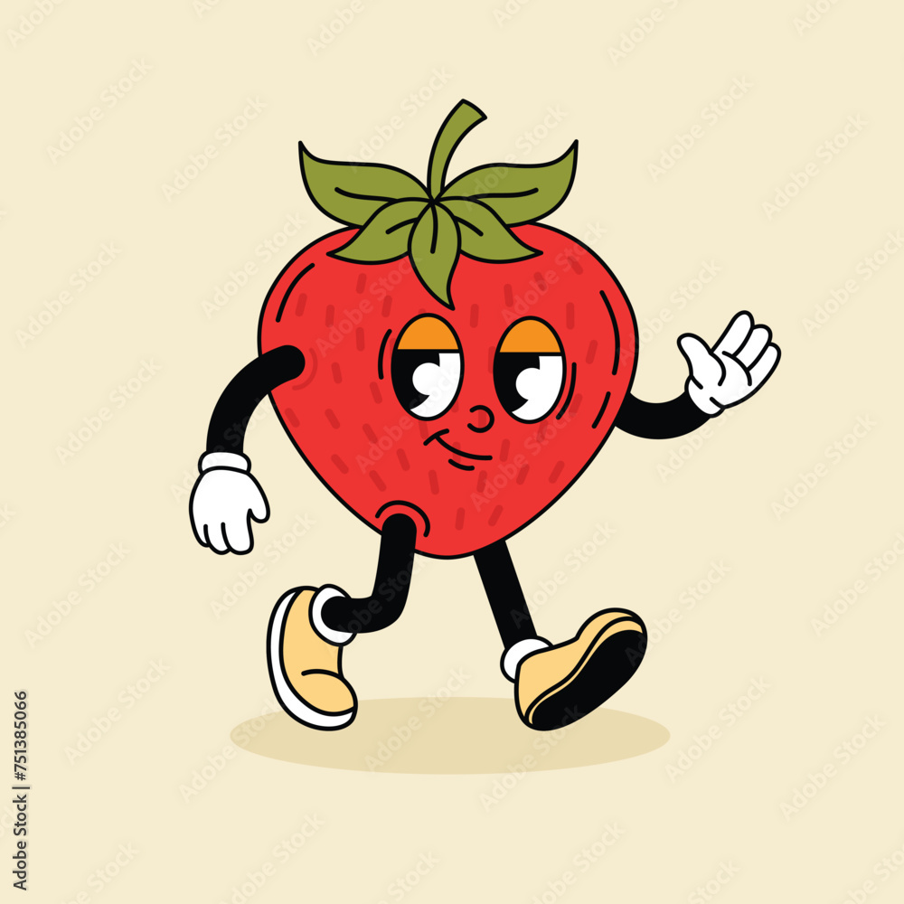 Fototapeta premium Fun strawberry in groove style.Retro character .Cartoon vector illustration, print