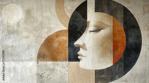 Stylized profile portrait with abstract geometric elements in earth tones.