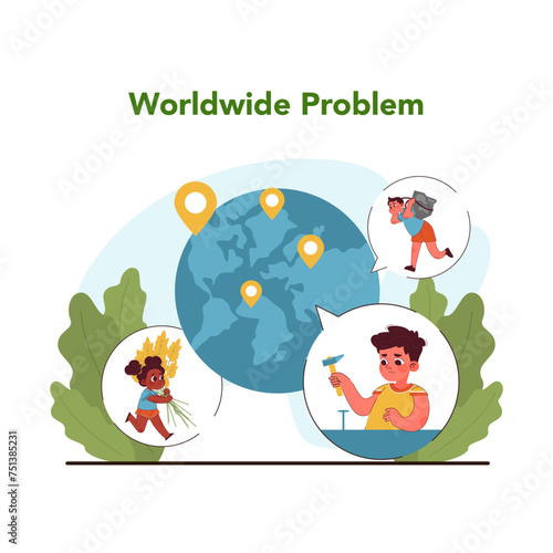 Global child labor issue. Flat vector illustration