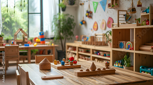 Montessori early education. Kindergarten  preschool classroom interior with wooden furniture  generative ai