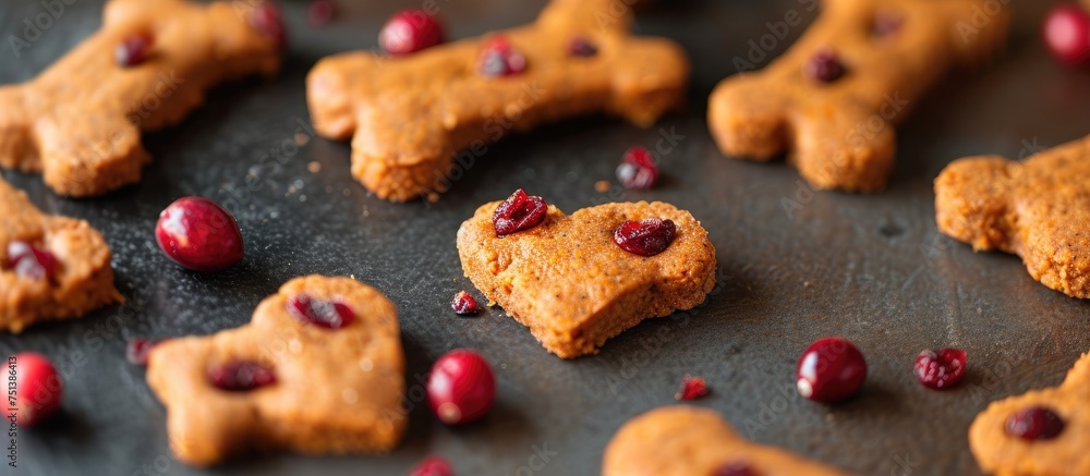 A detailed close-up view of a cookie adorned with plump cranberries, showcasing its texture and ingredients. The cookie appears freshly baked and inviting. A detailed close-up view of a cookie adorned with plump cranberries, showcasing its texture and ingredients. The cookie appears freshly baked and inviting.