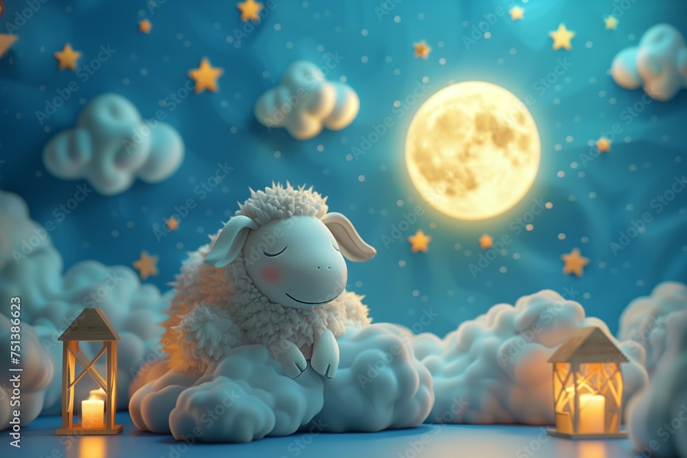 Obraz premium Sleeping Lamb on Clouds Under Starry Nightv