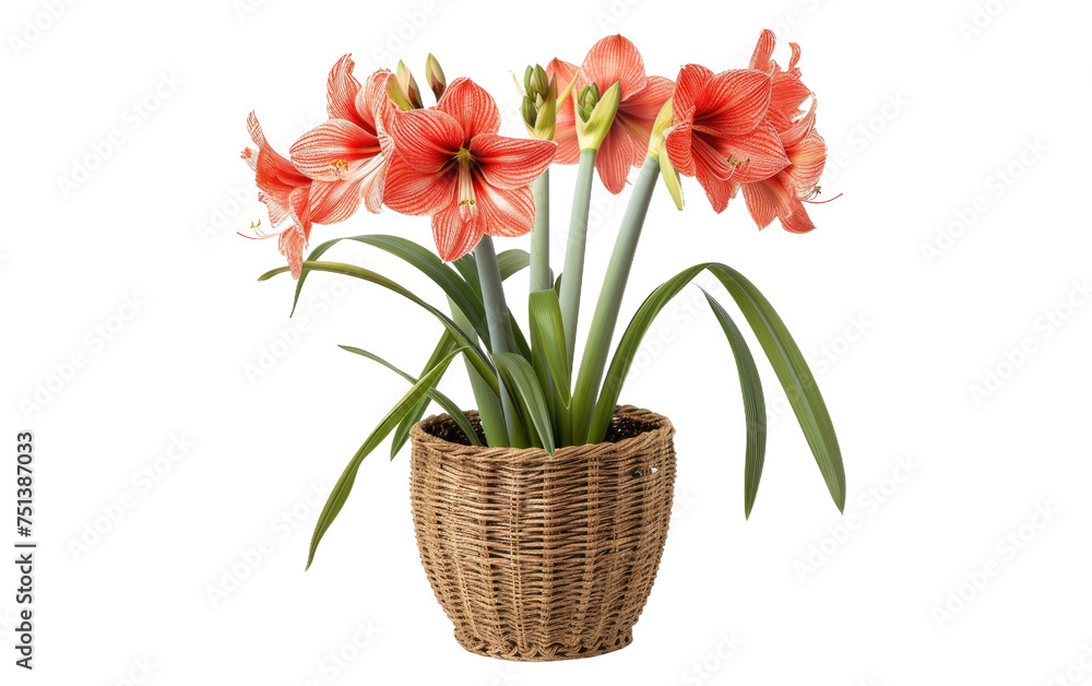 Amaryllis Planted in a Scalloped Rattan Pot isolated on transparent Background