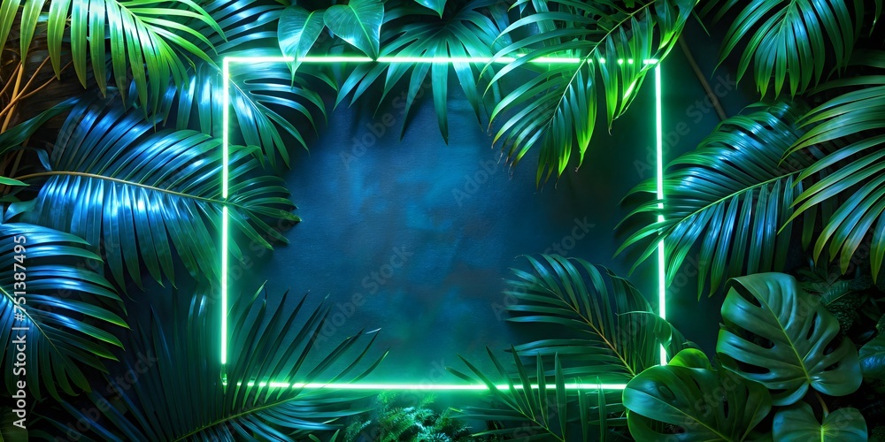 abstract green tropical leaves and neon lights on background neon frame with palm leaf and glowing neon lights