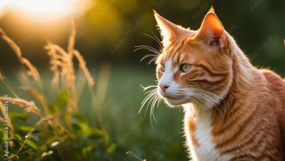 A ginger cat curiously exploring the wild in the evening A ginger cat curiously exploring the wild in the evening