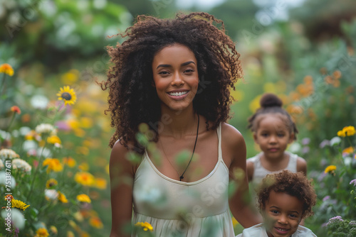 Black woman with her children is playing with her children outdoor. Nature background. Selective focus. Copy space. Family leisure concept. 
