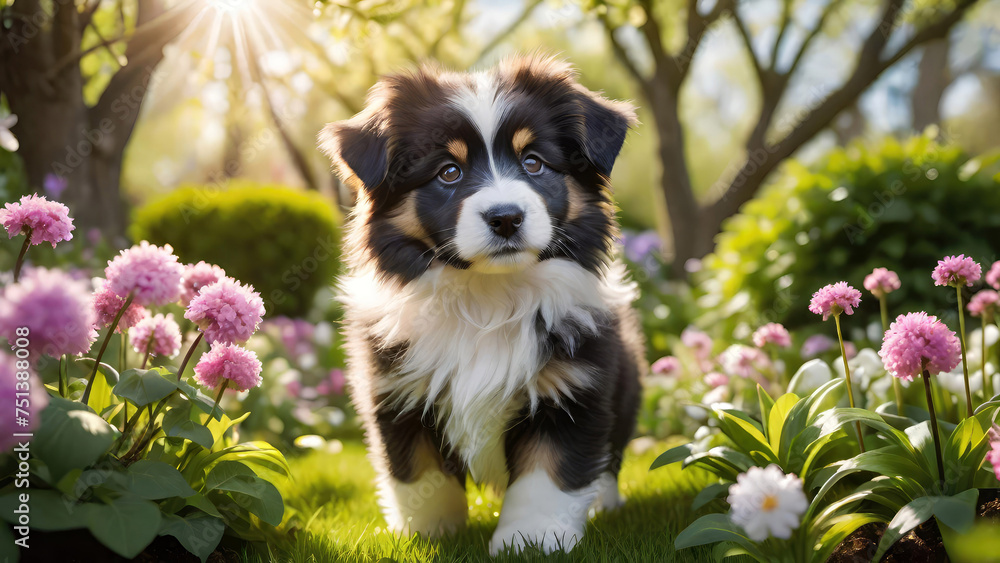 Cute puppy walking outdoor among beautiful flowers in the garden at spring or summer sunny day.Generative AI