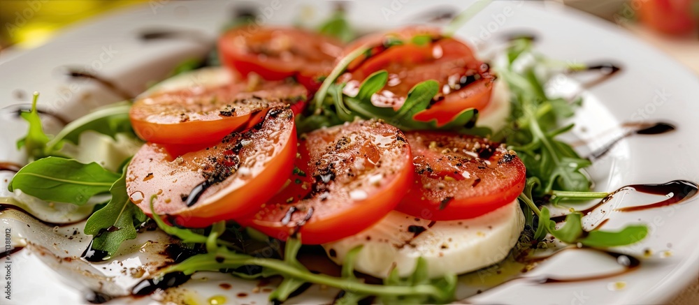 A white plate is filled with vibrant sliced tomatoes, fresh greens, and drizzled with balsamic jelly and olive oil. The colorful and healthy vegetarian dish is visually appealing.