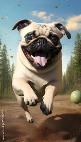 Pug dog running in the forest. 3d render illustration.