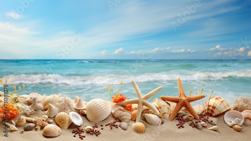 Summer beach with starfish and shells.