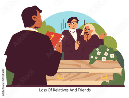 Grieving process depiction. Flat vector illustration.