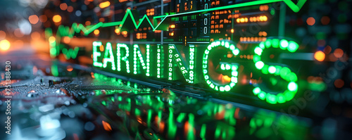 Glowing green EARNINGS sign on server room equipment, symbolizing financial growth, revenue tracking, and digital analytics in the technologically driven business landscape photo