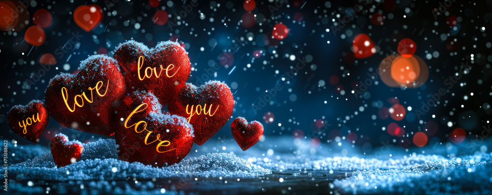Romantic cascading red hearts on a snowy black background with love you text, symbolizing affection, Valentine's Day, and intimate, heartfelt emotions in a vertical format