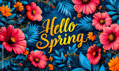 Colorful and vibrant Hello Spring greeting surrounded by a diverse array of blooming flowers and foliage on a dark background, celebrating the arrival of the spring season
