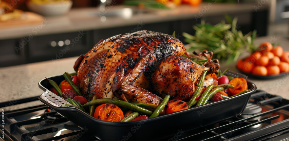 Fototapeta premium roasted turkey with oranges and citrus leaves