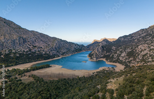 Gorg Blau lake in Mallorca aerial view from drone