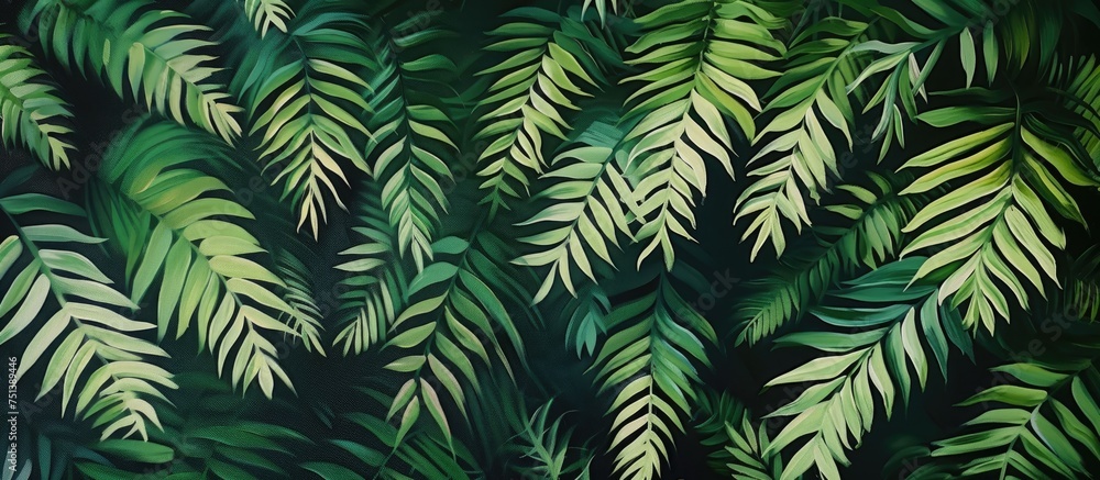A painting featuring lush green leaves set against a deep black background, creating a striking contrast and emphasizing the vibrant colors and intricate details of the foliage.
