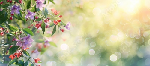 A cluster of purple and red spring flowers bloom on a tree with vibrant green leaves in the background. The flowers form a colorful display against the blurred backdrop of nature.