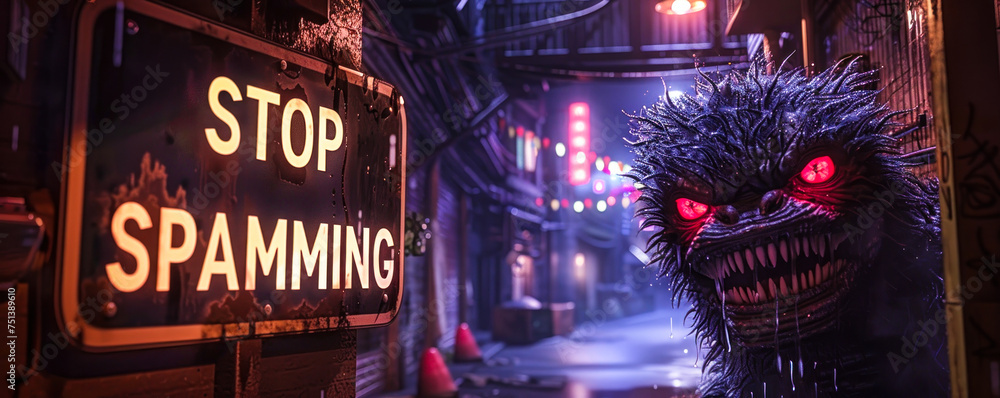 Humorous concept of digital etiquette with a Stop Spamming sign and a menacing mythical creature lurking in a dark, urban alleyway, symbolizing internet trolls and cyber nuisances - obrazy, fototapety, plakaty 
