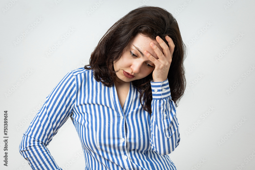 Young woman disappointed, dissatisfied, sad and frustrated mood, expressing negative feelings. Isolated on light gray background. Young woman disappointed, dissatisfied, sad and frustrated mood, expressing negative feelings. Isolated on light gray background.