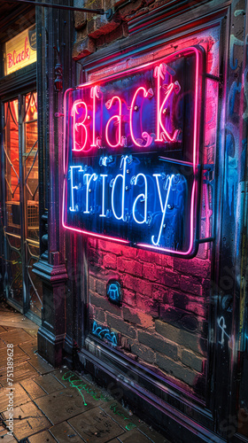 Electric pink and blue neon sign of Black Friday on a rough textured wall, epitomizing the biggest shopping event with vibrant, glowing energy and enticing sales appeal