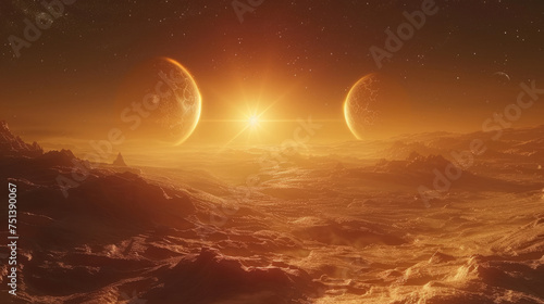 A breathtaking view of a sunrise from a rocky alien landscape with multiple moons and stars in the sky, portraying otherworldly beauty and space exploration themes.