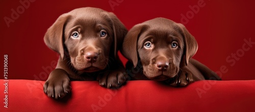 Two chocolate Labrador puppies are sitting on a vibrant red couch, their ears perked up as they look towards the camera.