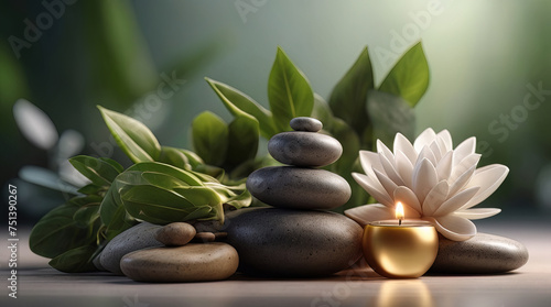 Spa Concept - Massage Stones With Towels And Flowers. Generative AI.