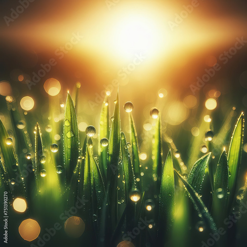Green grass at the morning, water drops, sunny light. Generative AI