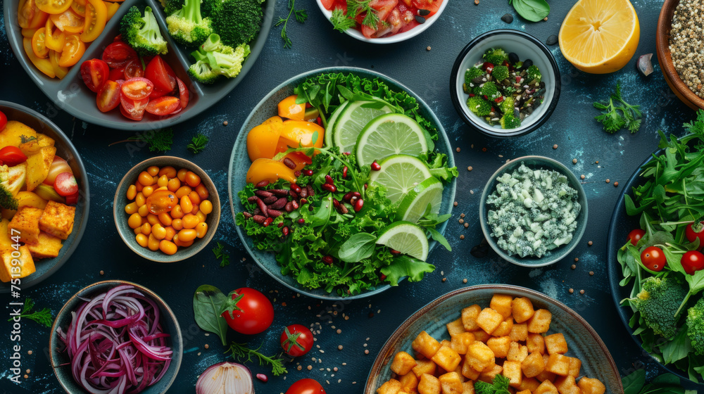 A variety of healthy dishes arranged on a dark blue surface, including salads, roasted vegetables, and bowls of chickpeas and beans, surrounded by fresh ingredients like tomatoes, herbs, and citrus. A variety of healthy dishes arranged on a dark blue surface, including salads, roasted vegetables, and bowls of chickpeas and beans, surrounded by fresh ingredients like tomatoes, herbs, and citrus.