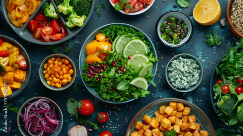 A variety of healthy dishes arranged on a dark blue surface, including salads, roasted vegetables, and bowls of chickpeas and beans, surrounded by fresh ingredients like tomatoes, herbs, and citrus.